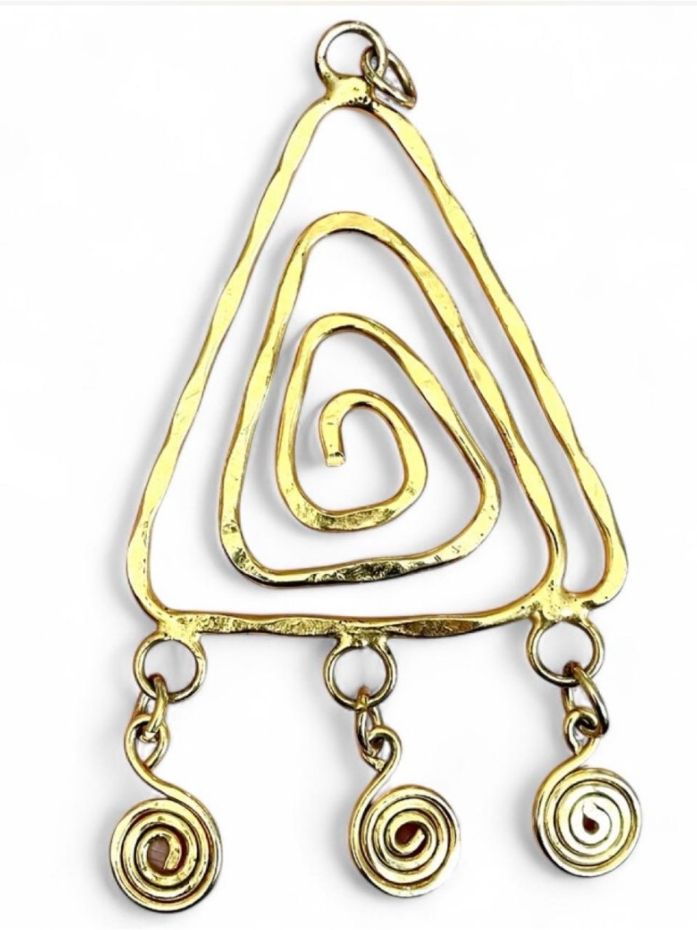 Vintage Wearable Art Triangle Spiral Pendant Gold Tone Hammered Brass Geometric